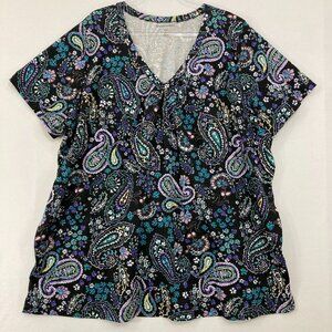 Woman Within size 3X V Neck Blue Purple Paisley Boho Cotton Stretch Blouse Comfy